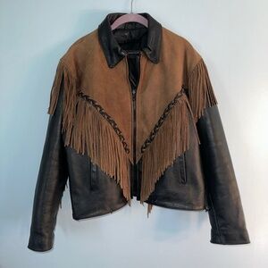 Vintage Women’s Leather American Top Black And Brown Western Biker Tassels Coat